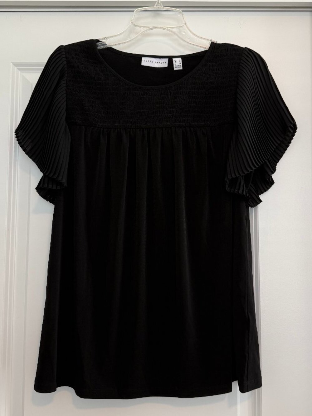 Susan Graver Black Liquid Knit A-Line Smocked Yoke Top with Pleated Sleeve Small